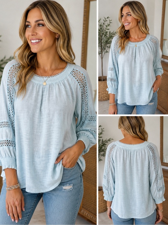 Beautiful Skies Tops - Skies Are Blue M Light Blue Crochet Lace Boho Peasant Blouse Top